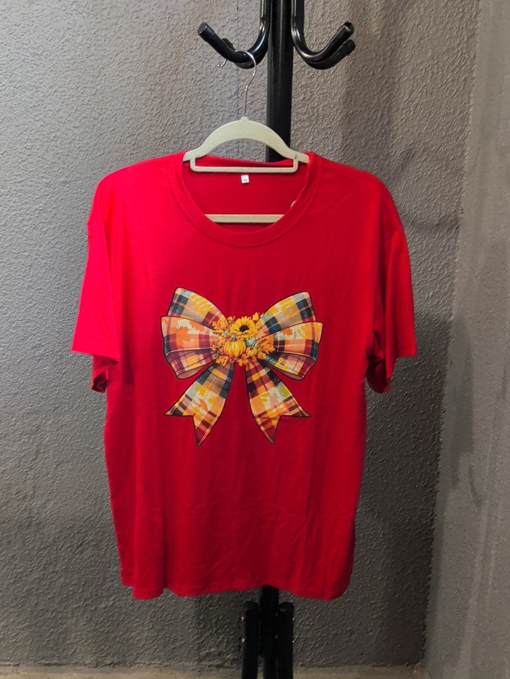 Red Short-Sleeve Tee with Plaid Bow Graphic